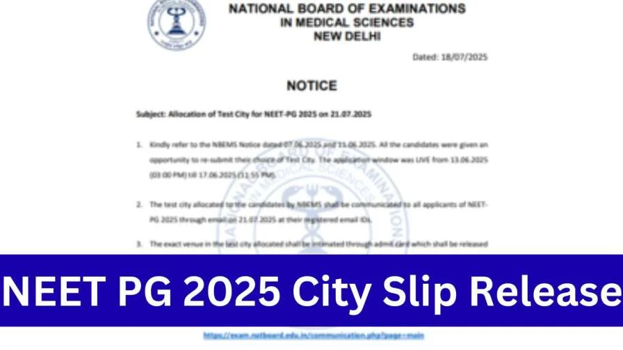 NEET PG 2025 City Slip Release